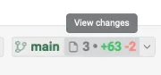 Git diff chip with a View changes tooltip showing branch name, file count, and lines changed